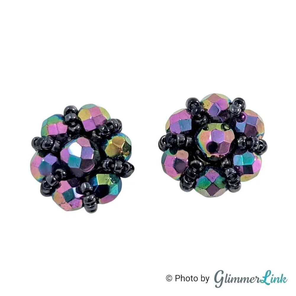 Signed Austria Vintage AB Purple Black Beaded Cluster Clip On Earrings